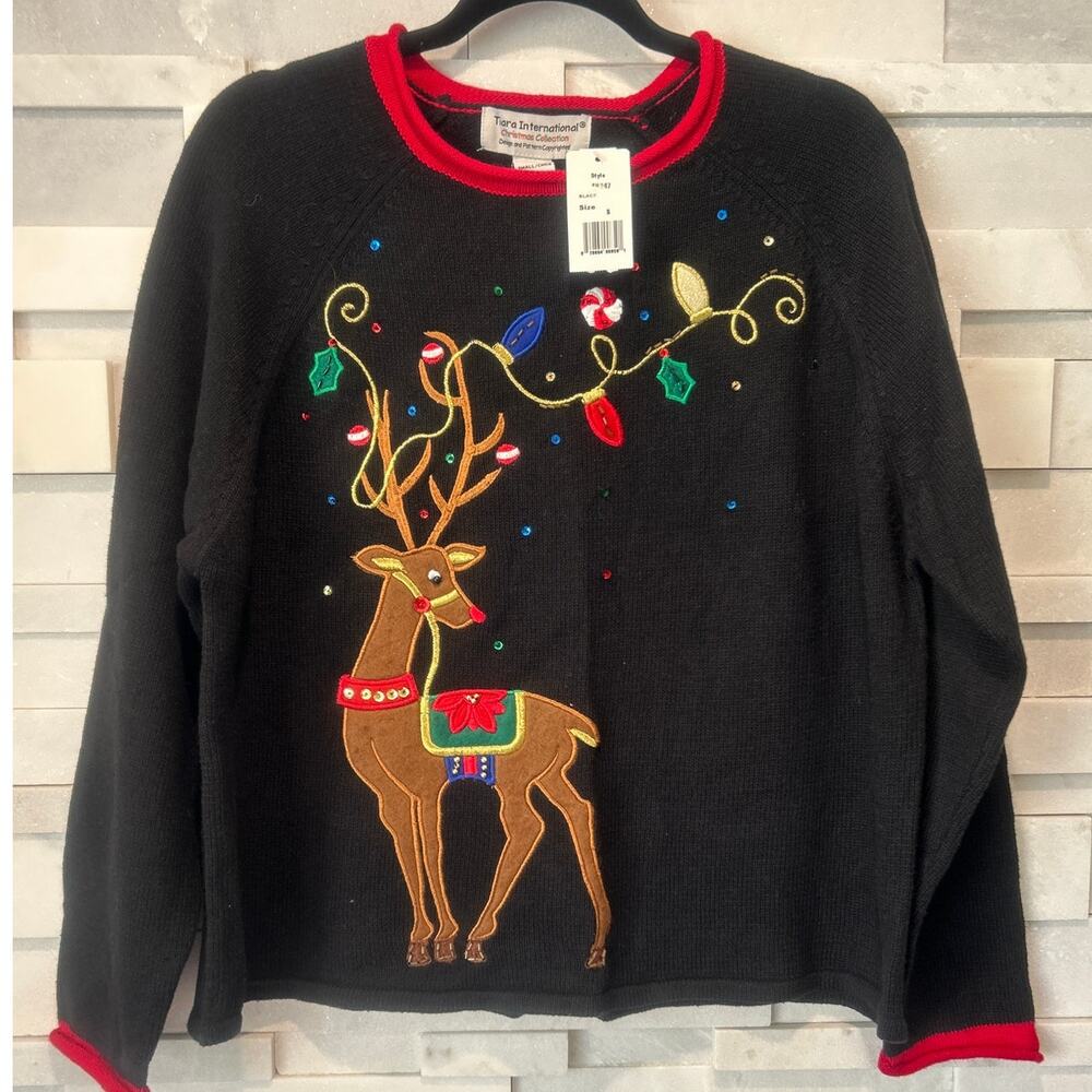TIARA INT'L NWT Applique Rudolph Christmas Lights Gems Embroidery UGLY CHRISTMAS
